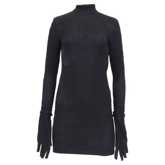 Balenciaga Floral-Embroidered High-Neck Mini Dress in Black Polyamide